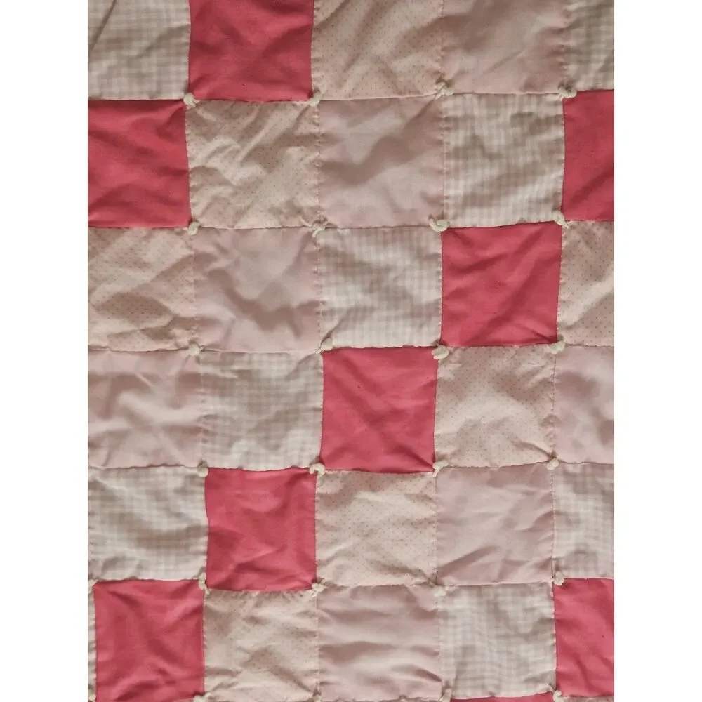 Pink Quilted Quilt Blanket Crib Coverlet for Girls, Satin Edging, Hand knotted